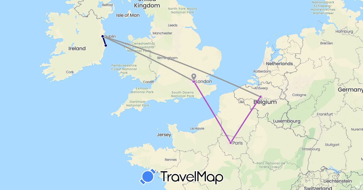 TravelMap itinerary: driving, plane, train in Belgium, France, United Kingdom, Ireland (Europe)